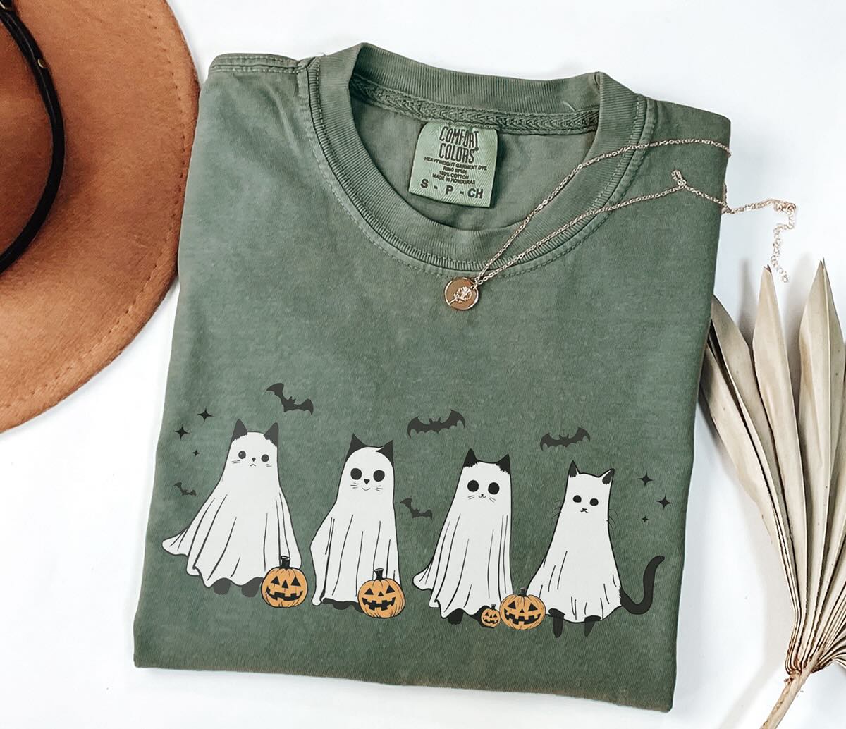 Cute Ghost Black Cats Halloween Pumpkin Bats - T-Shirt Moss