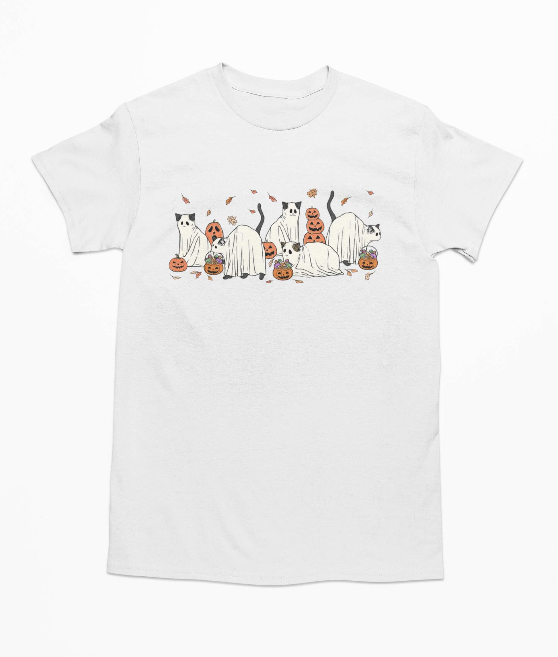 Ghost Cat Halloween Pumpkin Fall - T-Shirt